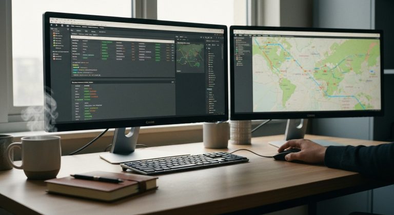 A modern home office desk with dual monitors showing logistics maps, a headset, and a steaming cup of coffee.