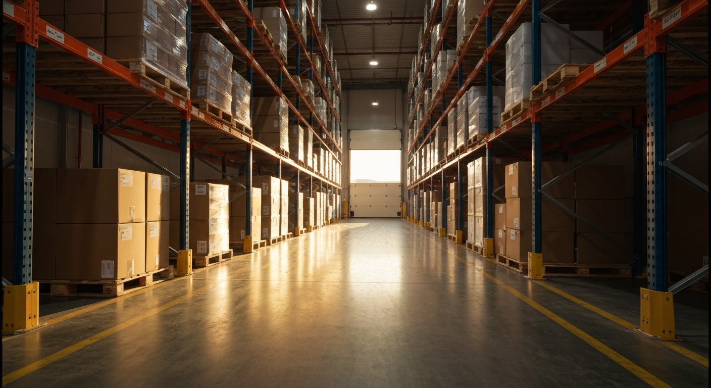 High-Volume Distribution Center Interior A wide view of a large warehouse aisle with tall shelves and boxes, illuminated by warm golden sunlight from a door.