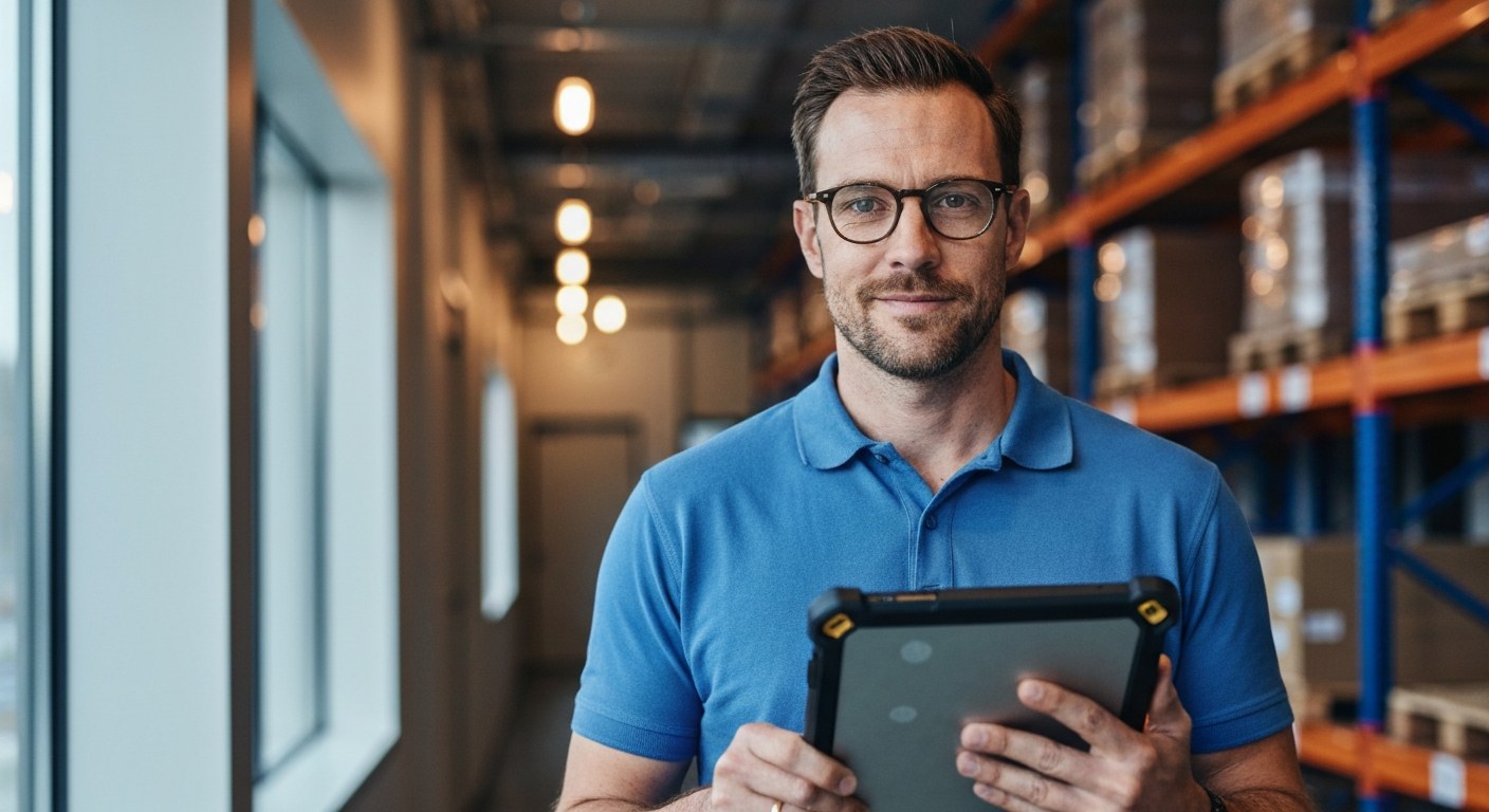 Warehouse Logistics Safety Management A logistics professional holding a tablet in a modern distribution center hallway with soft lighting.