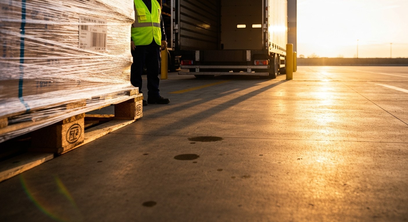 A distribution center loading dock at golden hour with a worker and a pallet of goods ready for transport.