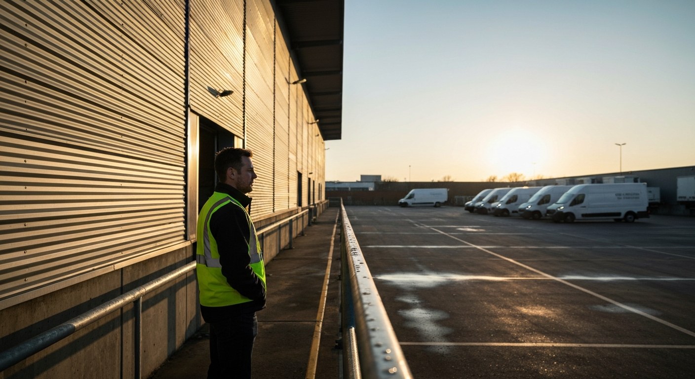 Modern Distribution Center Loading Dock Operations A warehouse supervisor stands on a concrete loading dock next to electric delivery vans during golden hour.
