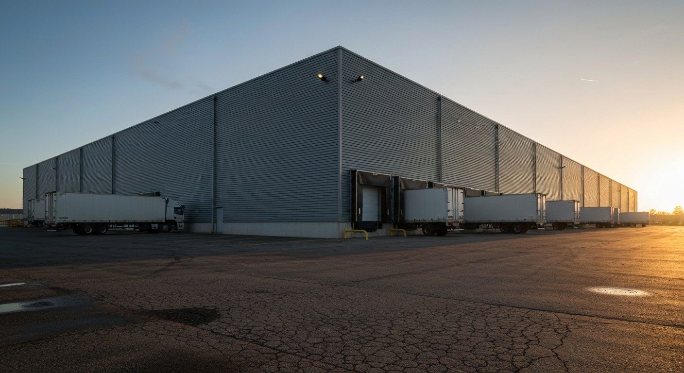 Exterior view of a large distribution center with shipping trucks at loading docks during a golden sunset.