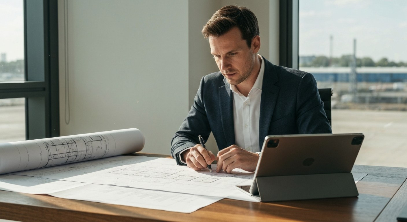 Strategic Distribution Center Planning and Site Selection A logistics entrepreneur reviews architectural blueprints on a wooden desk in a modern office overlooking an industrial site.