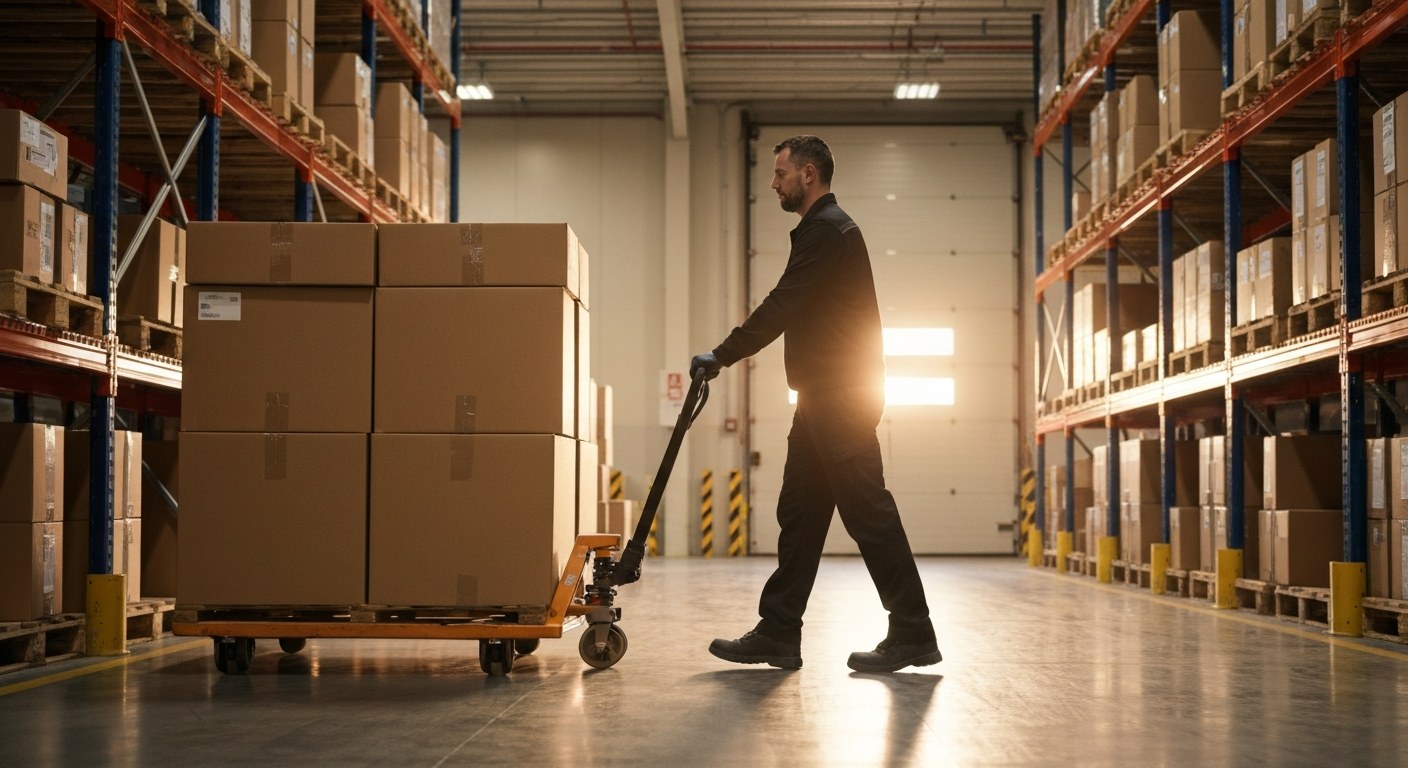 Distribution Center Warehouse Operations An operator moves a pallet jack through a large, modern warehouse aisle with high-bay racking and natural light.