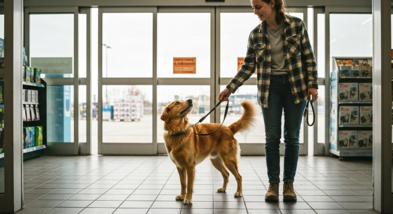 Is Sportsman's Warehouse Dog Friendly? (Official Policy) 5 A young woman with a golden retriever mix on a leash pauses at the entrance of a large retail store, looking towards the interior.