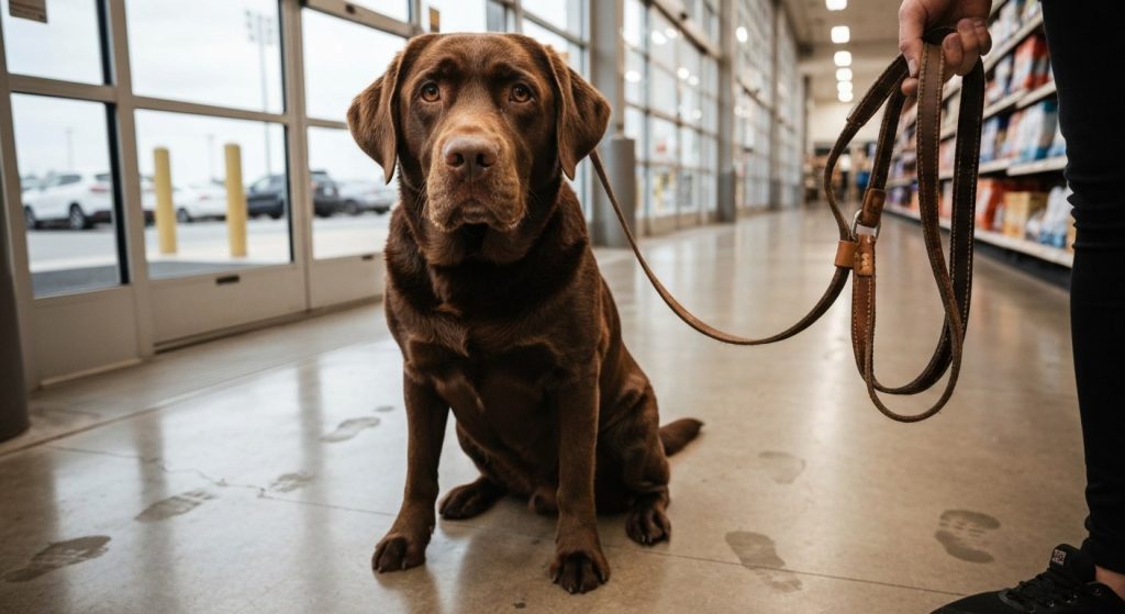 A calm chocolate Labrador sits on a concrete floor near a retail store entrance with a leather leash held by an owner.