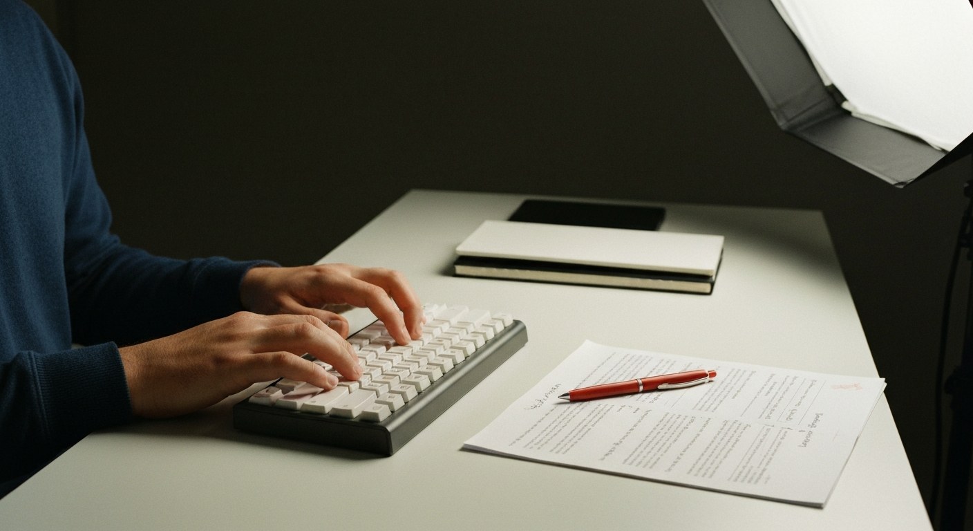 Hands typing an appeal letter on a mechanical keyboard with a printed document and pen on the desk.