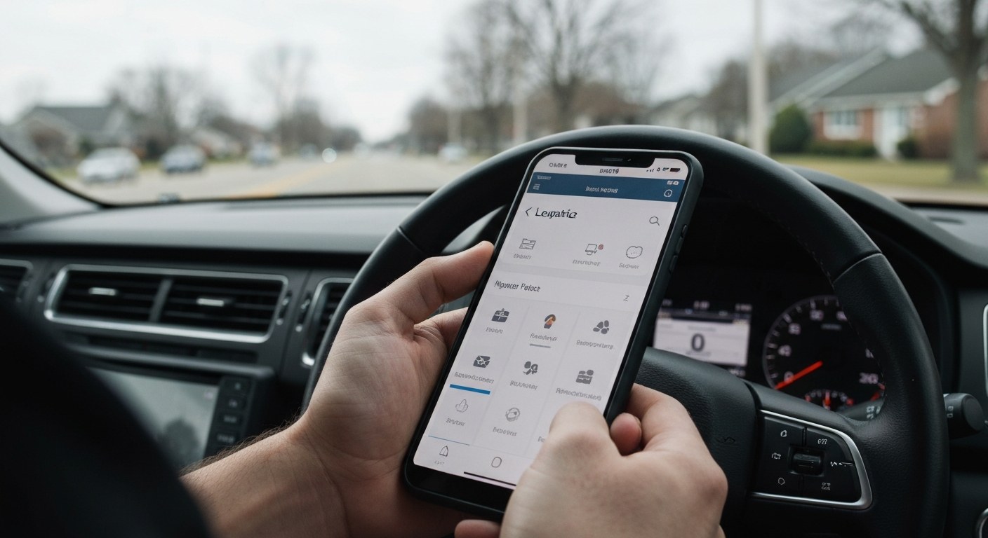 Close-up of a delivery driver's hands looking at a smartphone app showing earnings data in a car.