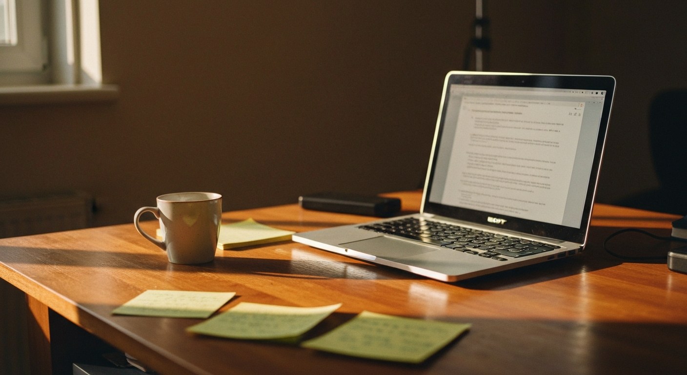 A laptop and a coffee mug on a wooden desk with warm sunset lighting, illustrating a home workspace.