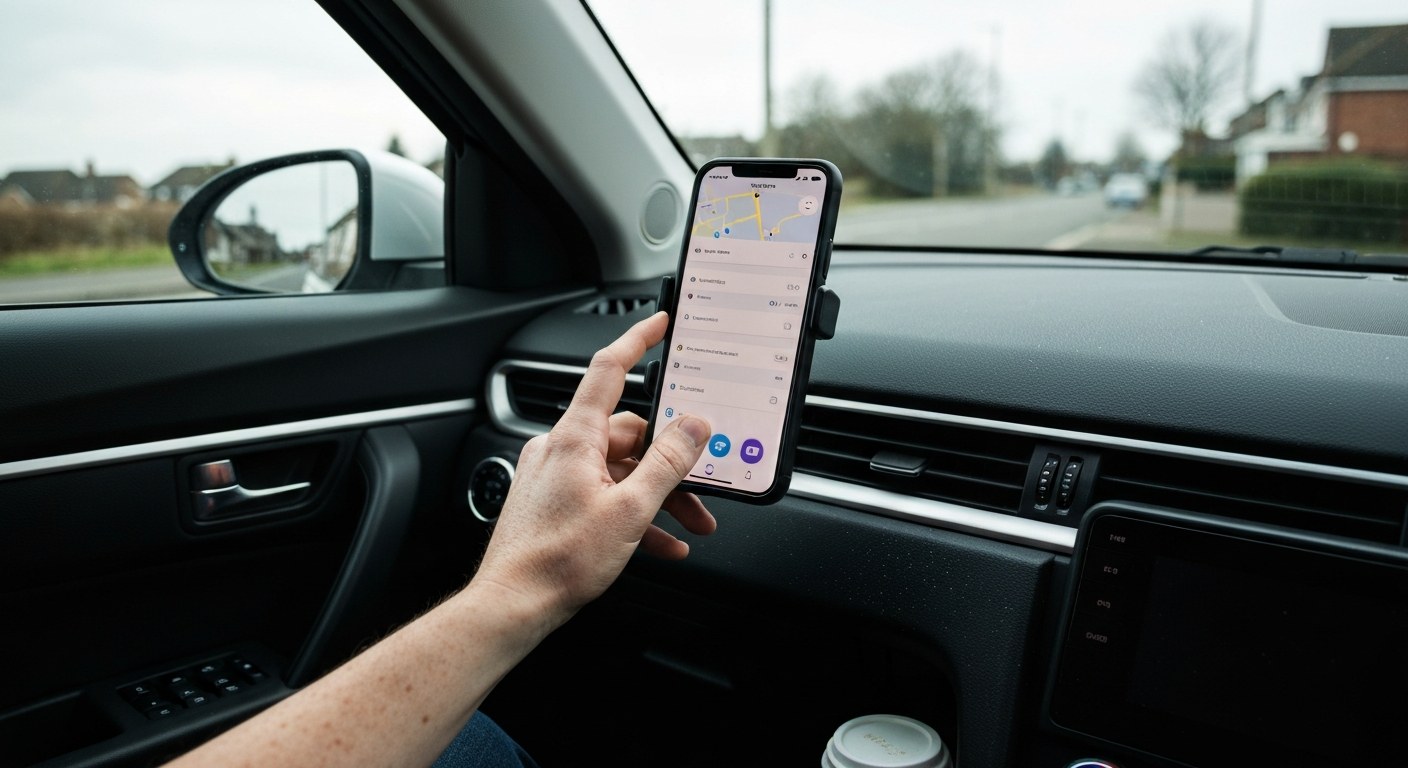 A driver's hand reaching for a smartphone mounted on a car dashboard during a grey morning, showing realistic skin details.
