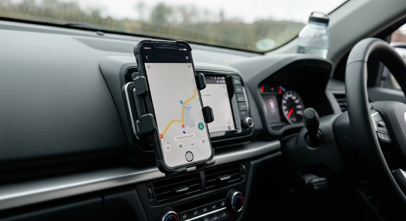Professional Driver Dashboard Setup Close-up of a smartphone in a dashboard mount inside a car, ready for a delivery driver shift.