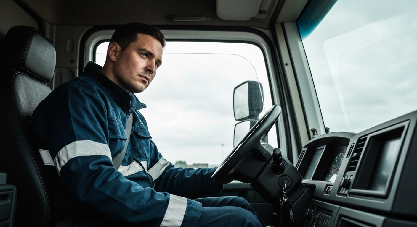 Managing Workplace Burnout Delivery driver taking a break inside the cab of a truck, appearing fatigued.