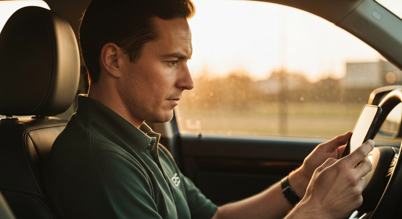 A profile shot of a delivery driver sitting in their car, intensely focused on their smartphone during golden hour.