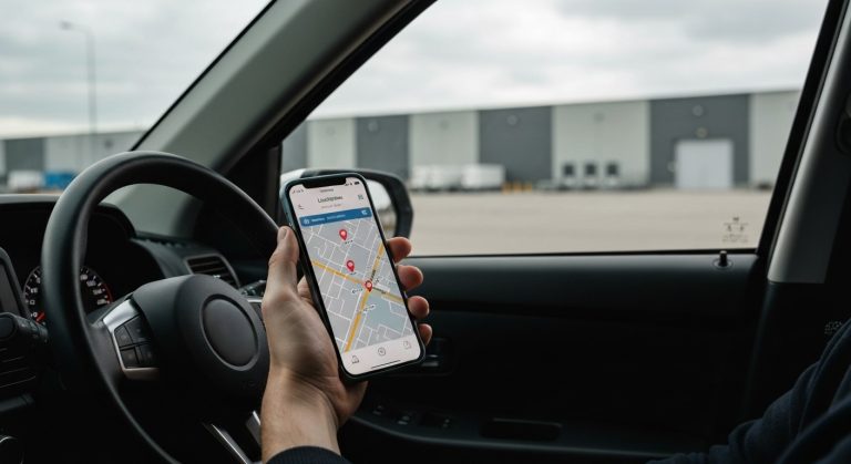 A person's hand holding a smartphone with a map app inside a car, with a large warehouse visible outside.