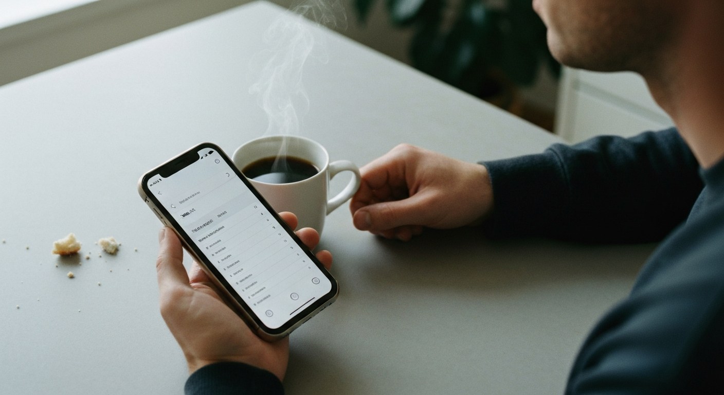 A person holding a smartphone next to a cup of coffee on a kitchen table while planning their schedule.
