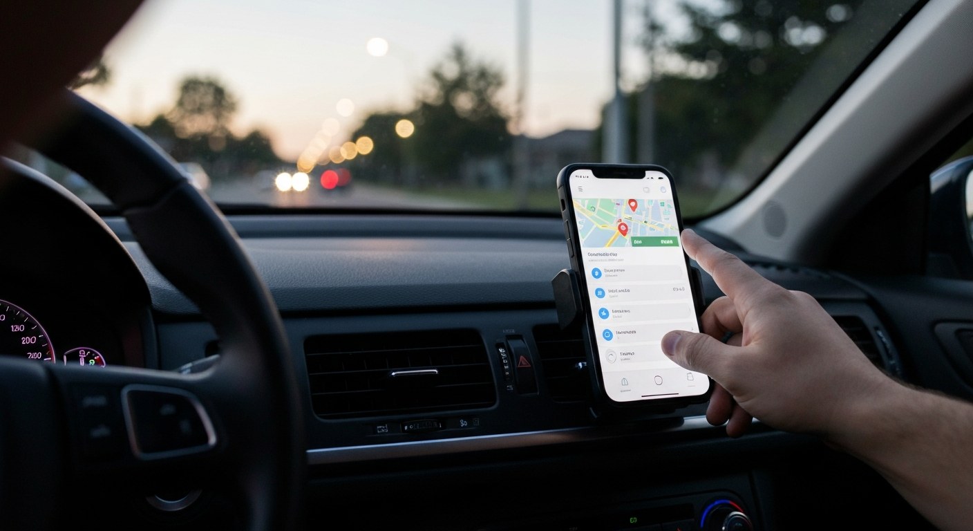Driver Monitoring Delivery App for Shifts A driver's hand reaching for a smartphone mounted on a car dashboard showing a delivery app at dusk.