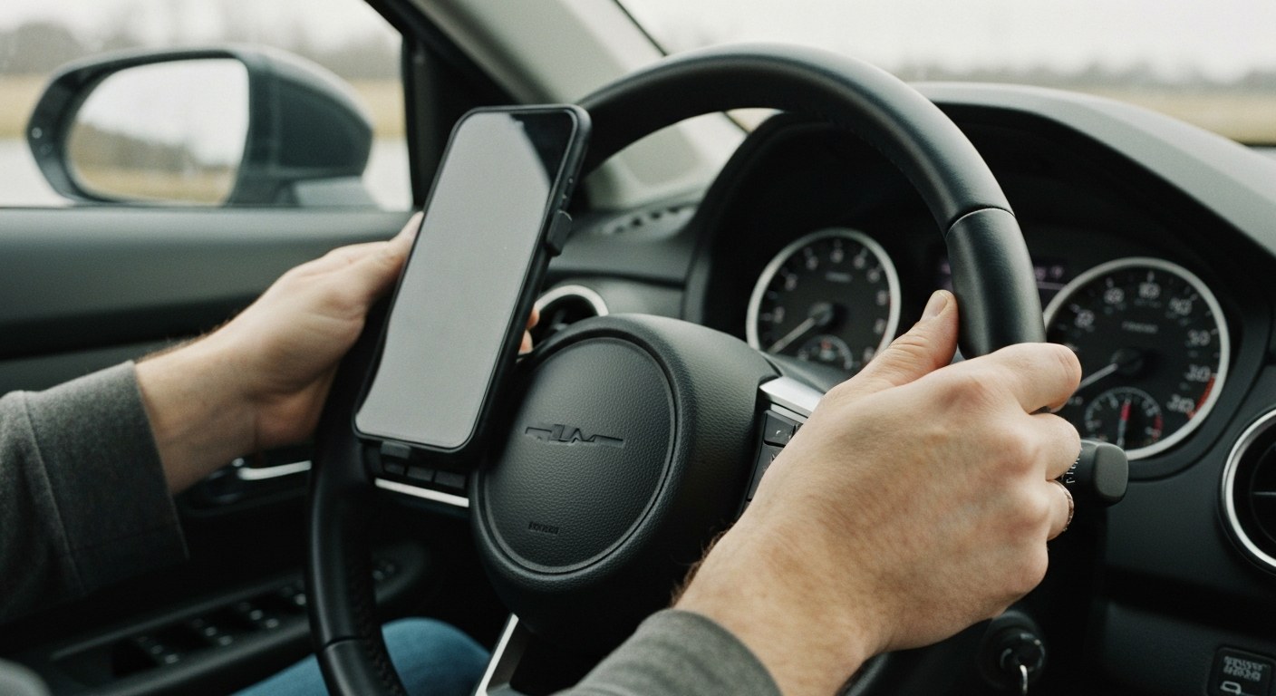 Close-up of a driver's hands on a steering wheel with a smartphone mounted on the dashboard showing a map.