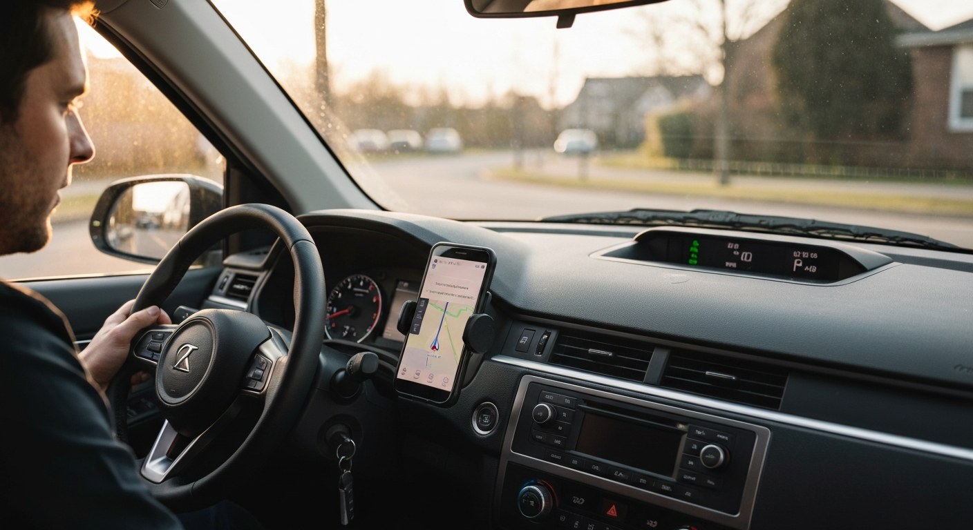 A driver looks at a navigation app on a smartphone mounted inside a car during sunset hours.
