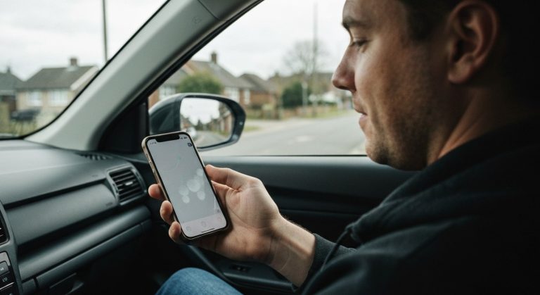 A person in a car looks at a smartphone, waiting for a delivery app notification in a quiet neighborhood.