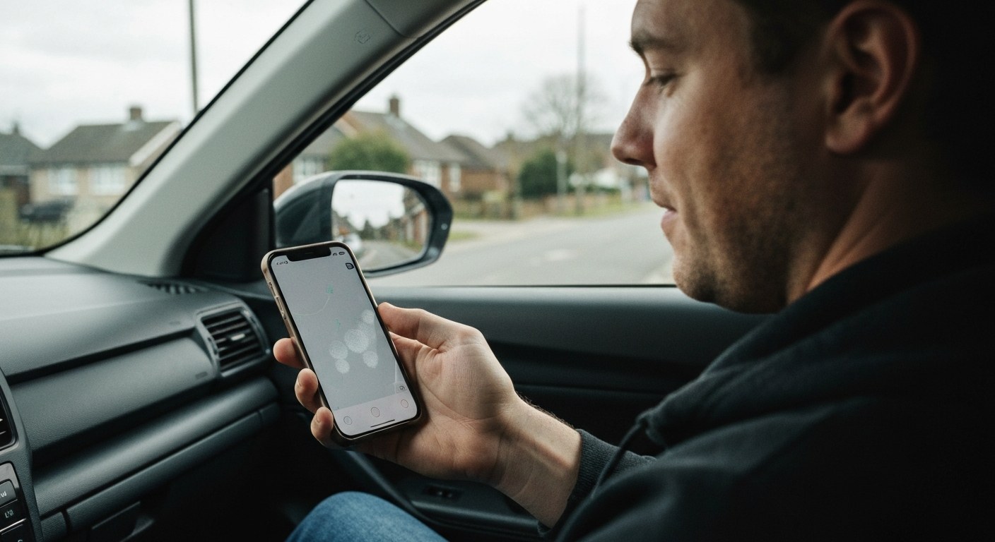 Driver Waiting for App Activation A person in a car looks at a smartphone, waiting for a delivery app notification in a quiet neighborhood.