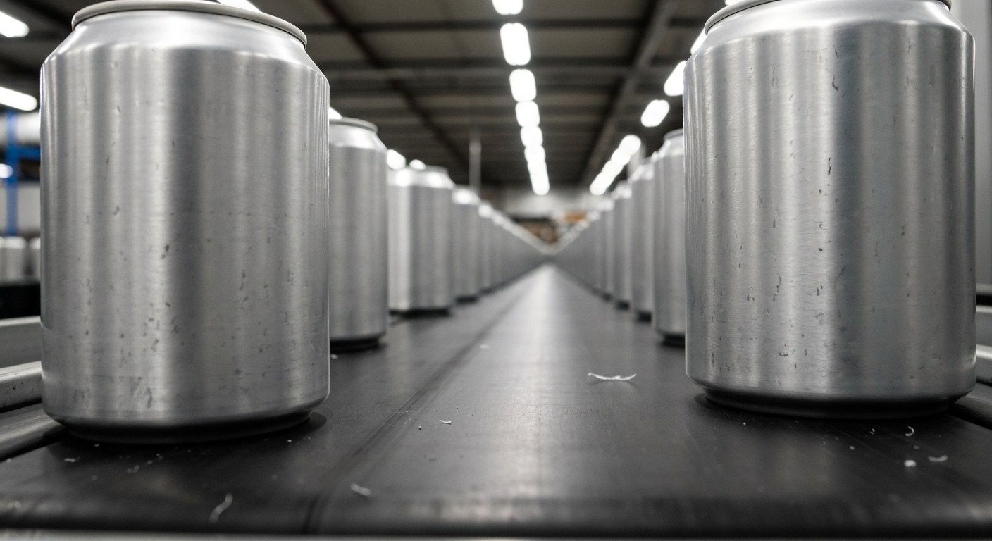 A line of brushed aluminum canisters moving along a conveyor belt in a bright industrial facility.