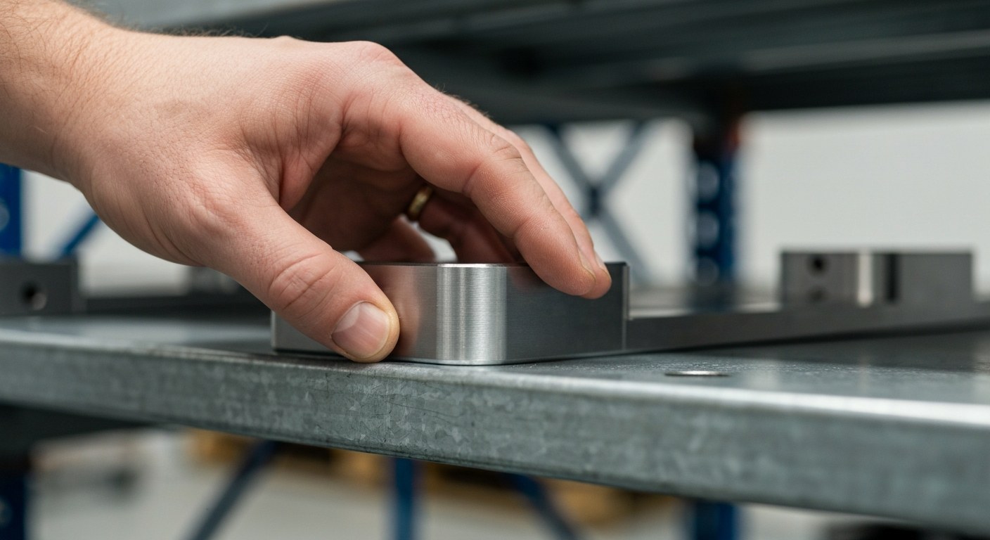 Dynamic ABC Inventory Classification A close-up of a hand organizing an industrial metallic part on a warehouse shelf.
