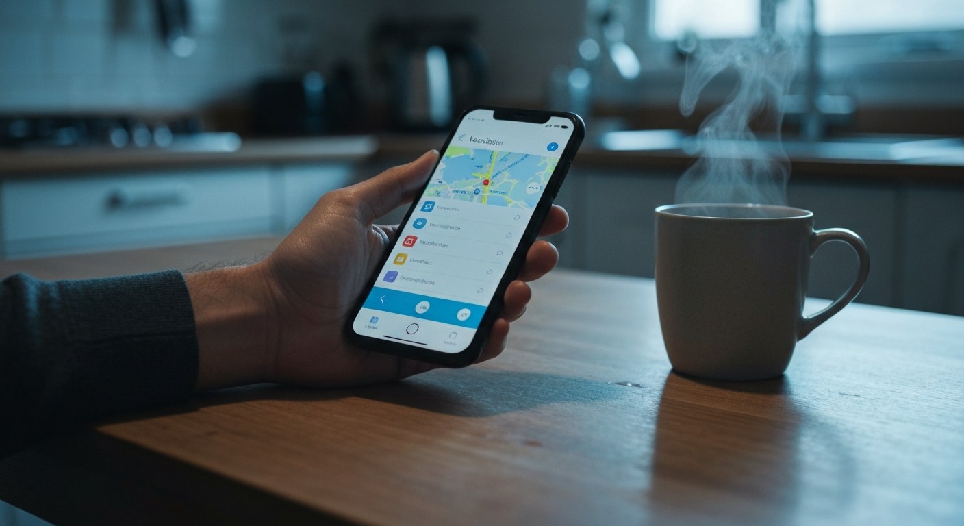 Driver Checking Delivery App at Dawn A close-up of a hand holding a smartphone next to a steaming cup of coffee on a wooden table in dim morning light.