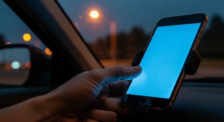 A close-up of a person's hand using a smartphone mounted on a car dashboard at night, lit by the screen's blue light.