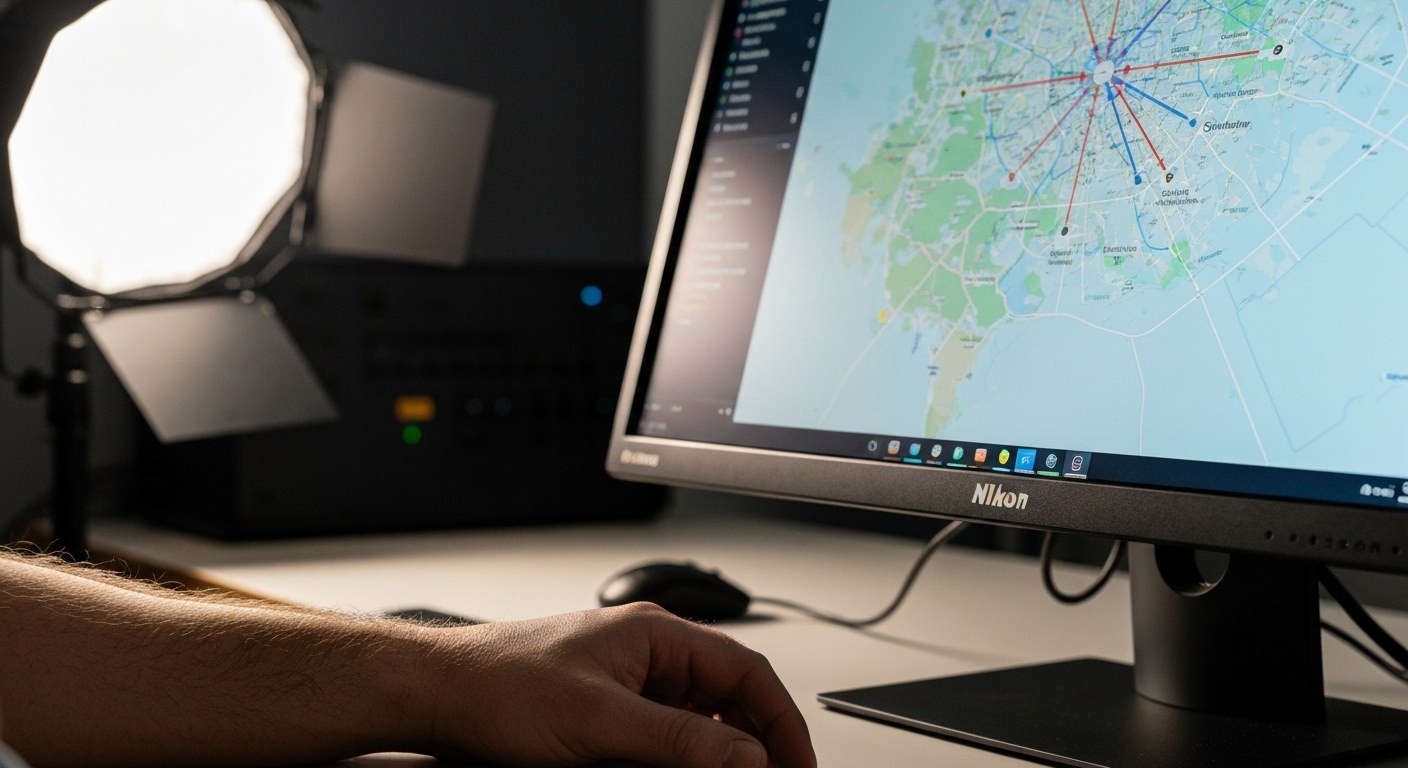 Close-up of a digital logistics map on a screen with a person's arm resting on a desk in the foreground.
