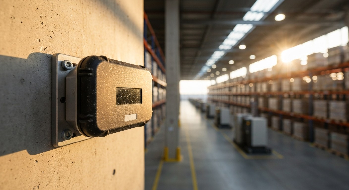 Edge Analytics Sensor in Smart Warehouse An industrial IoT sensor mounted on a concrete wall in a large warehouse during a golden sunset with a blurred background.