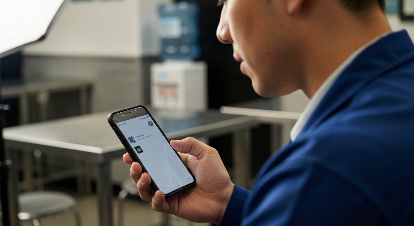 Checking Employee Portal Employee checking their smartphone for shift updates in a warehouse breakroom