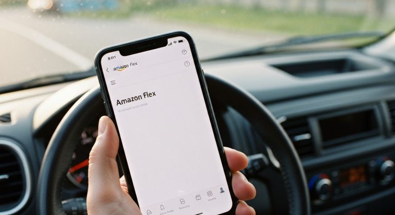 A smartphone showing an empty delivery app dashboard held by a driver inside a vehicle.
