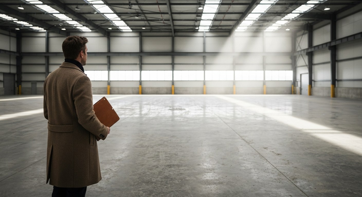 Industrial Warehouse Property Investment A logistics manager stands in a sunlit, empty industrial warehouse with a concrete floor and high ceilings.