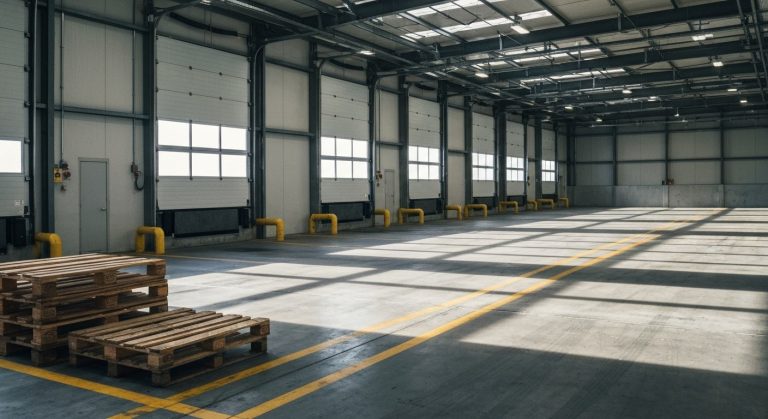 An empty warehouse loading dock with light streaming through open bay doors onto a scuffed concrete floor.