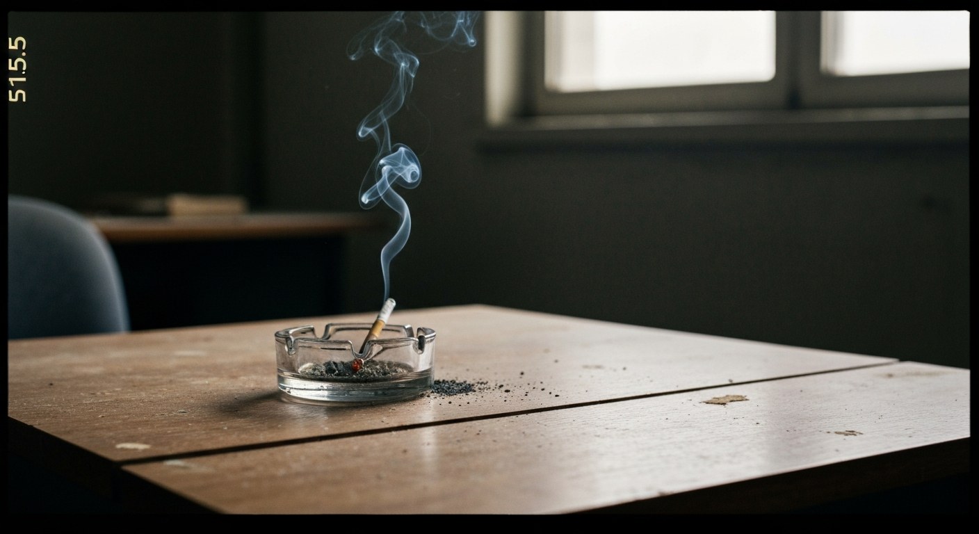 Abandoned Warehouse Office Corner A vintage glass ashtray with a smoking cigarette on a worn wooden desk in a dimly lit warehouse corner.