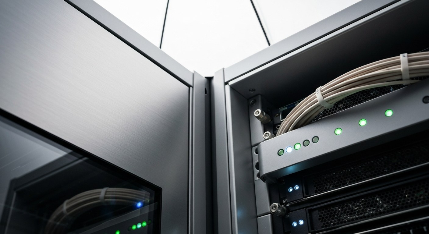 Enterprise Cloud Infrastructure and Server Architecture Close-up of fiber optic cables and brushed metal hardware in a clean, modern server room.