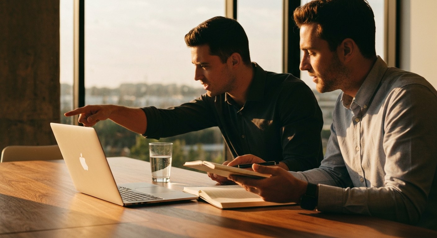 Enterprise Data Integration Team Meeting Two professionals collaborate over a laptop in a sunlit meeting room during golden hour with warm, natural light.
