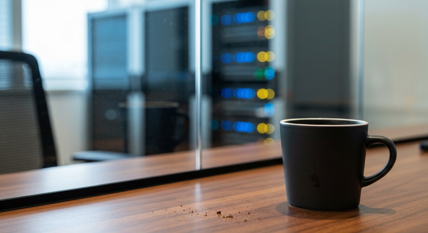 A professional desk with a coffee mug in the foreground and a blurred view of high-tech server racks through a glass wall.