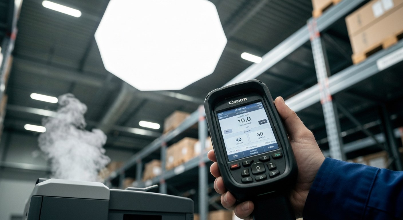 Enterprise Freight Tender and Technology Integration Close-up of a rugged industrial scanner in a distribution center with warehouse racks in the blurred background.