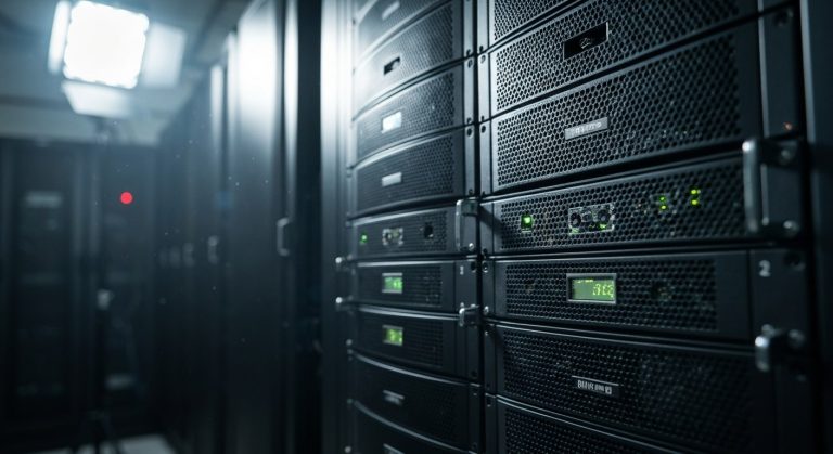 High-density server racks in a dark data center with blue status lights and brushed metal textures.