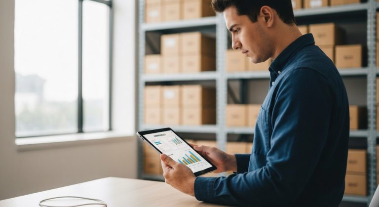 An entrepreneur in a modern warehouse office uses a tablet to manage Shopify inventory levels near organized shelves.