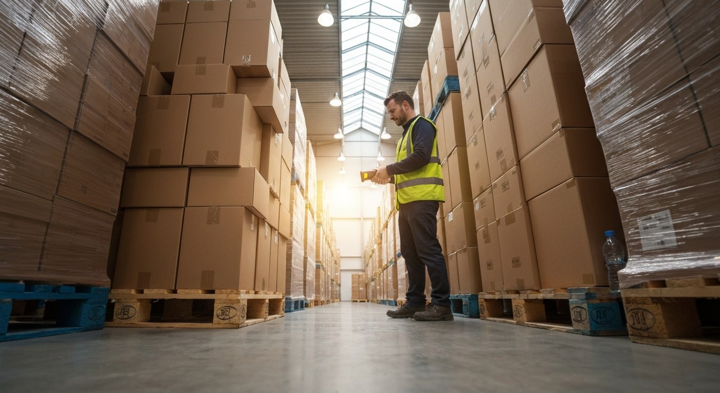An inventory clerk in a high-visibility vest scanning boxes on a pallet in a sunlit warehouse.