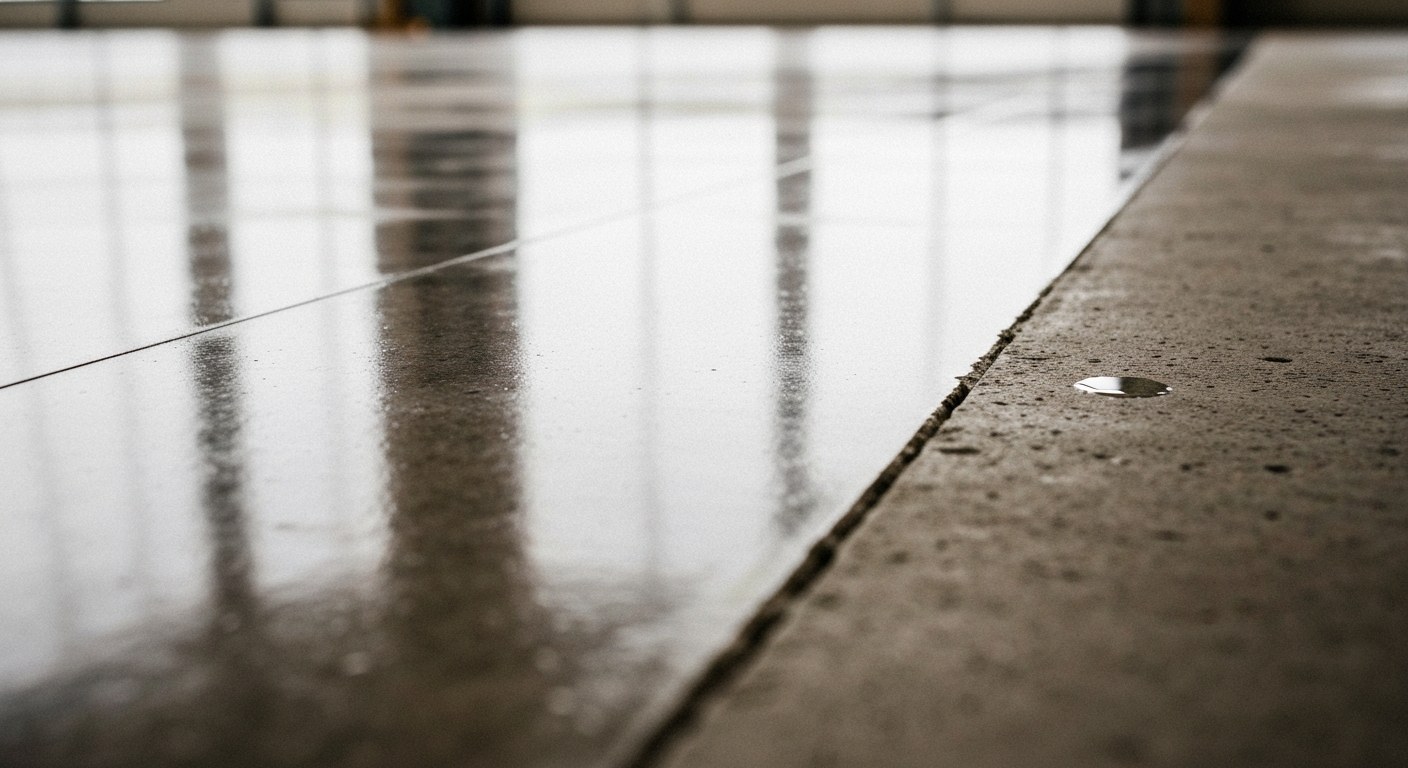 Detailed view showing the texture difference between shiny epoxy flooring and matte, porous concrete.