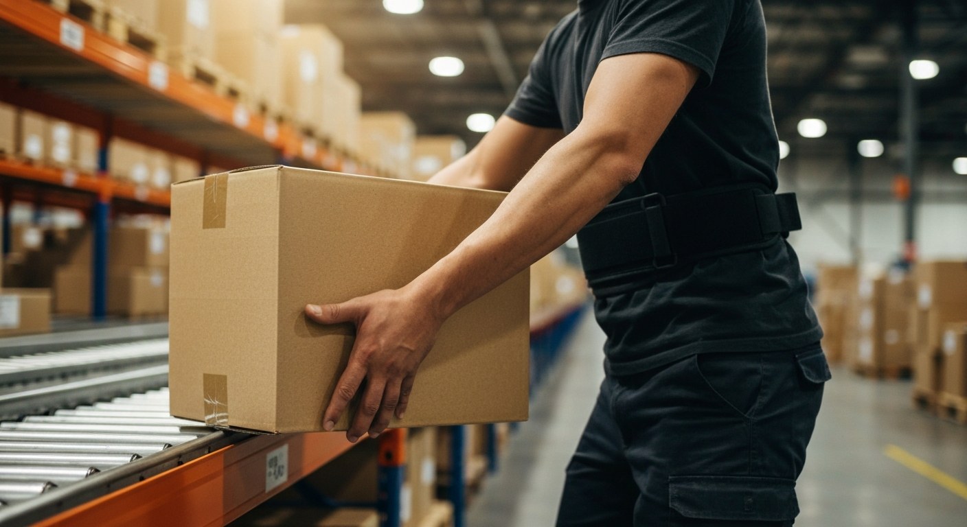 Close-up of a worker wearing a flexible back brace while lifting a cardboard box in a warehouse.