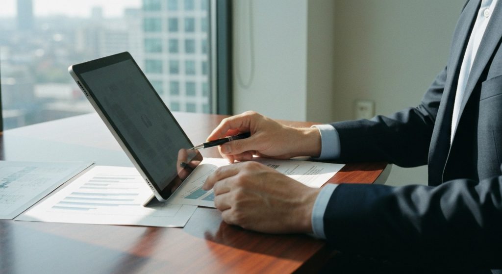An executive reviewing digital property documents on a tablet in a modern glass office with an urban view.