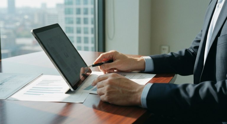 An executive reviewing digital property documents on a tablet in a modern glass office with an urban view.