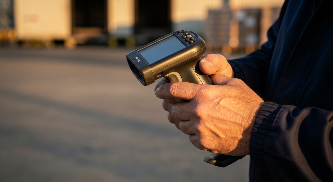 Experienced Warehouse Worker Scanning Inventory Close-up of a worker's hands using a handheld scanner to check inventory in a warehouse during golden hour.