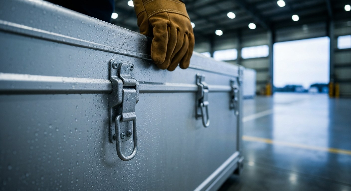 Critical Shipping Services during Holidays Close-up of a silver medical shipping container with condensation, held by a person in work gloves.