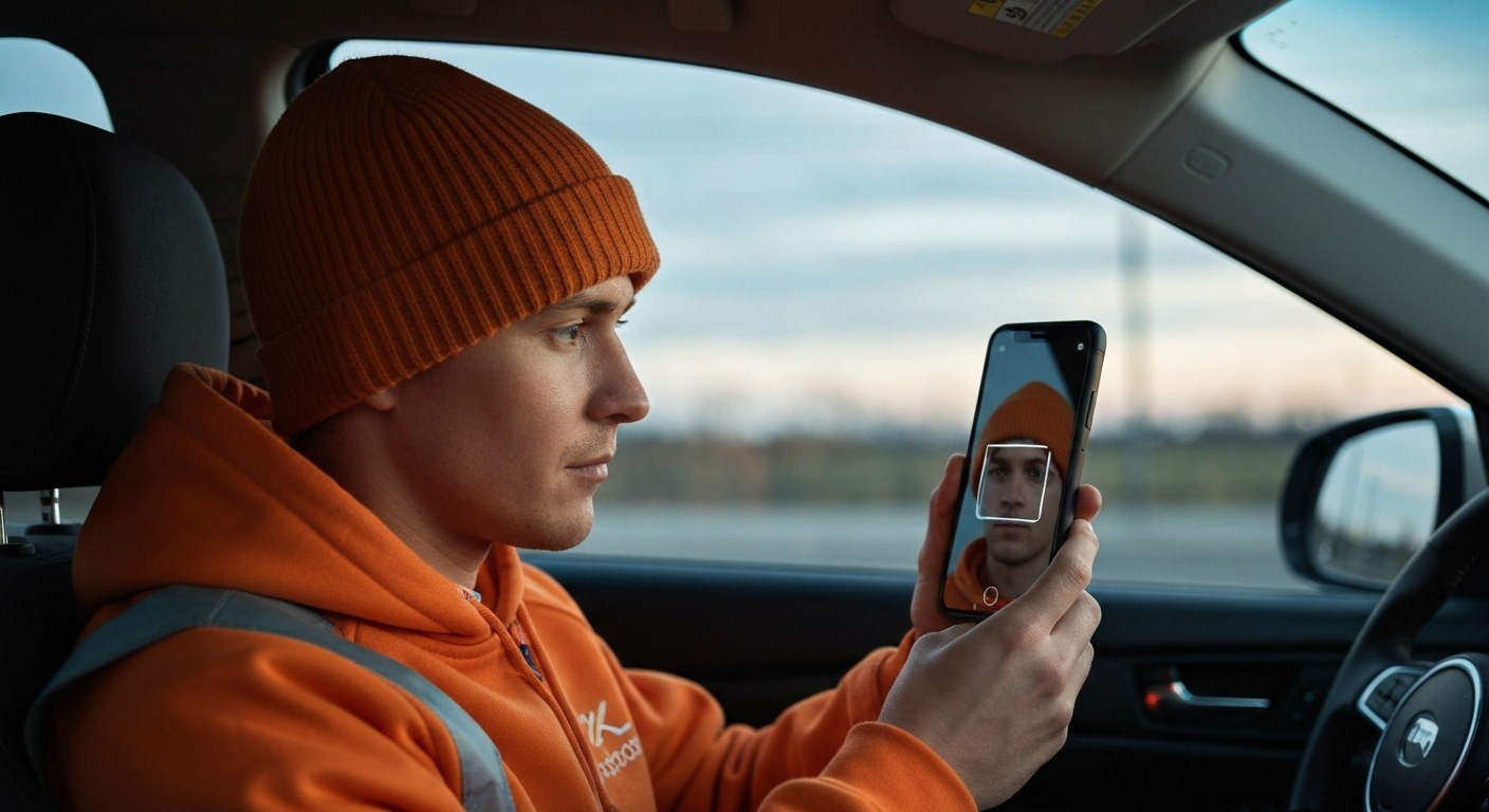 A person in a car performing a facial recognition scan on their smartphone in early morning light.