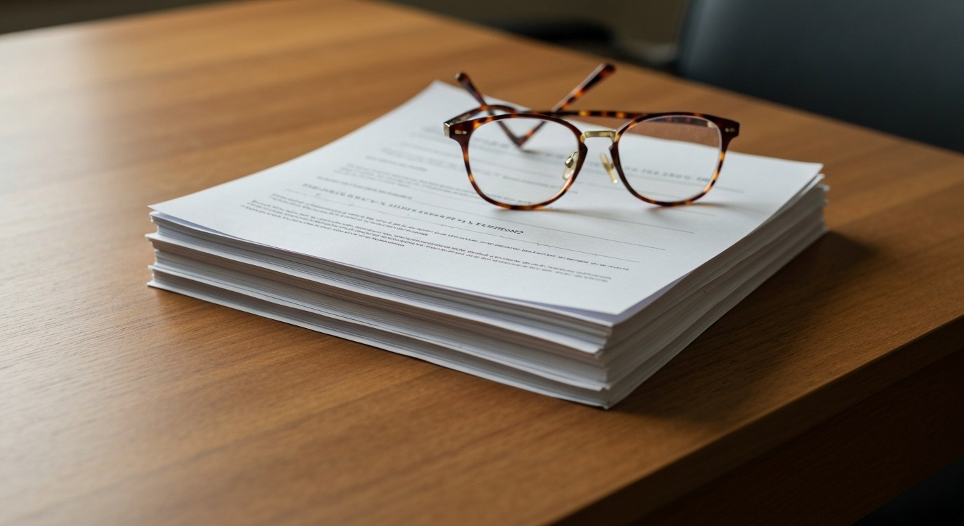 Reading glasses resting on a thick stack of legal documents on a dark wooden office desk.